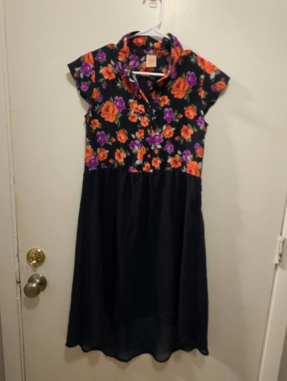 Faded Glory Black Midi Dress with Orange and Purple Floral Bodice